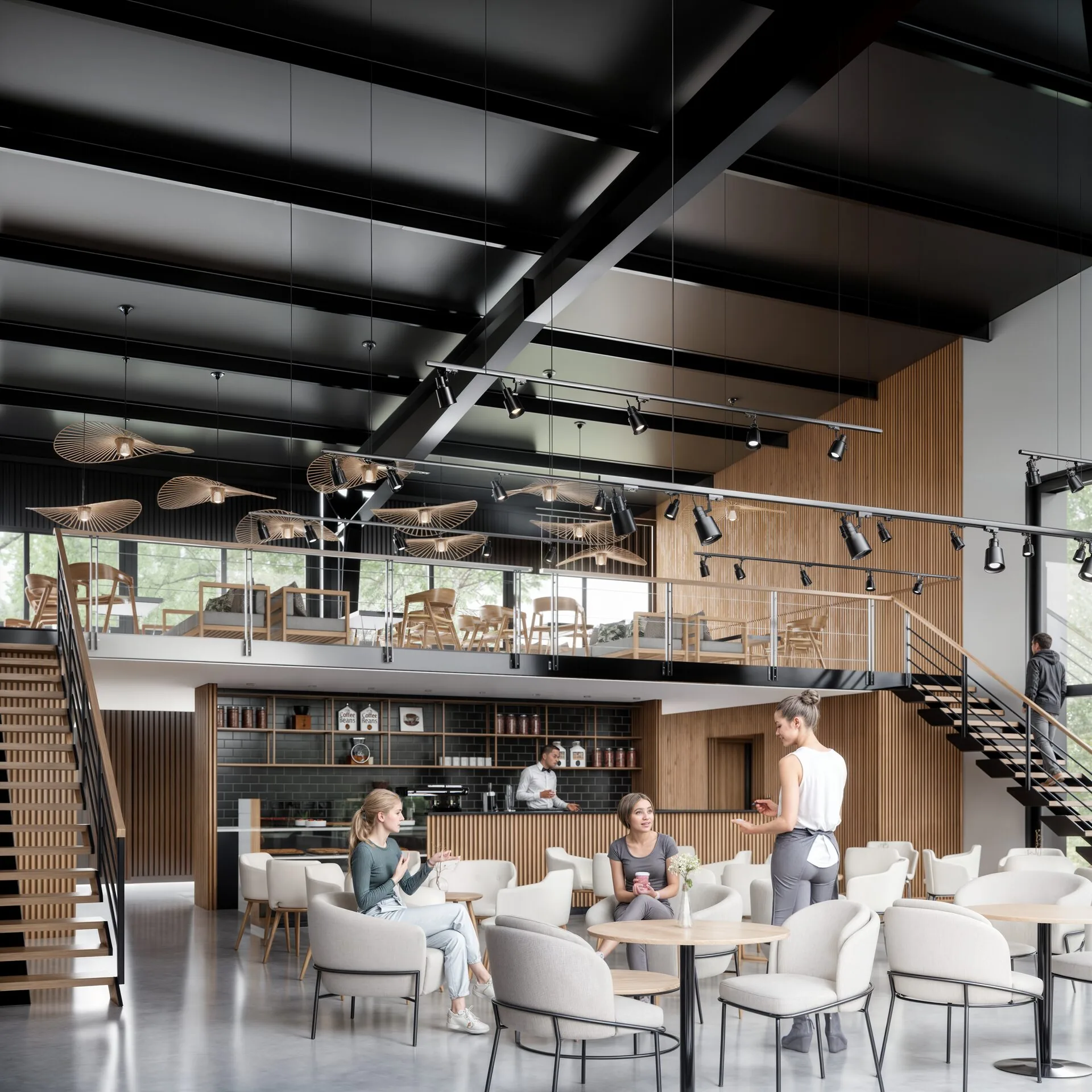 Interior de doble altura con entrepiso y sector gastronómico