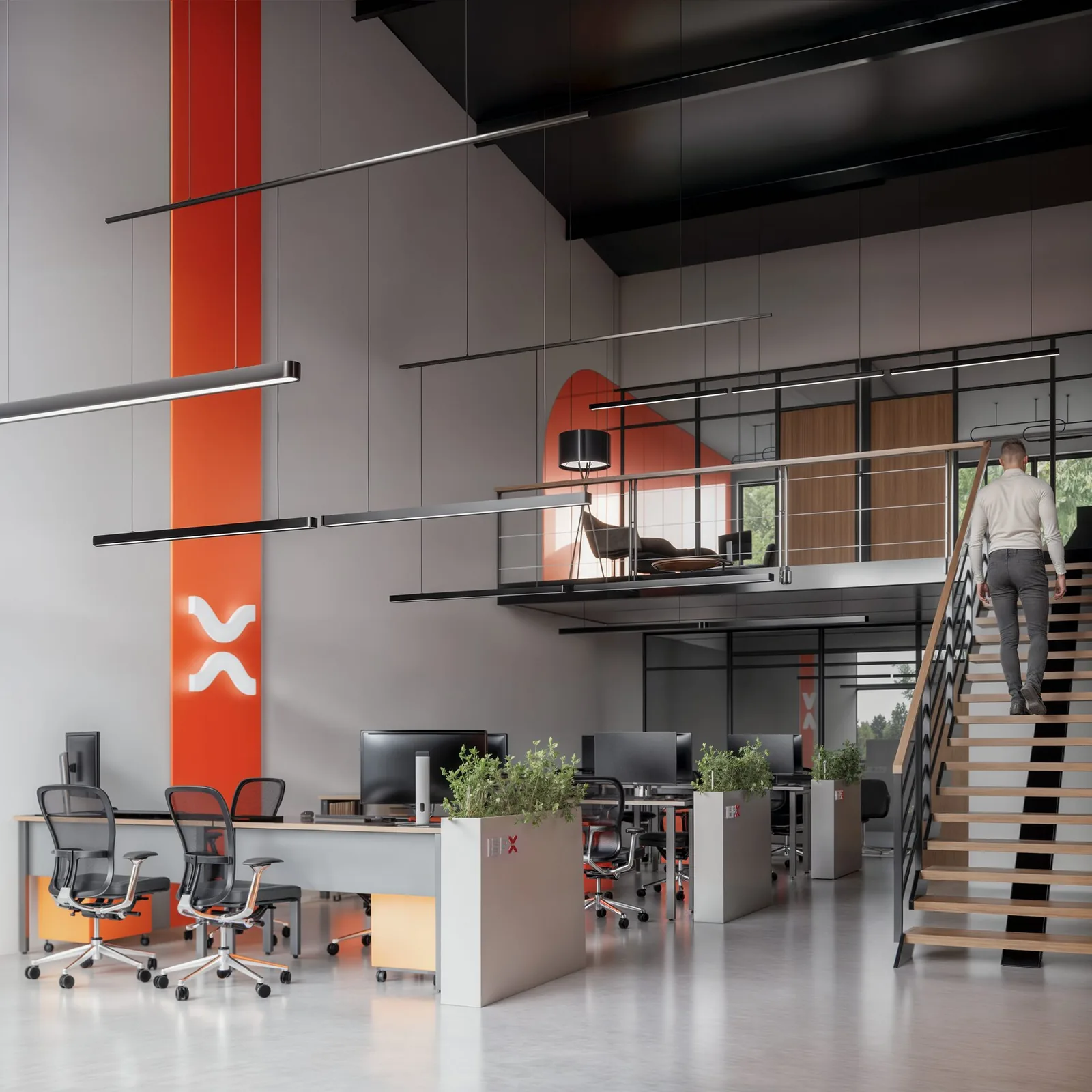 Interior de un local con entrepiso y espacio de oficinas
